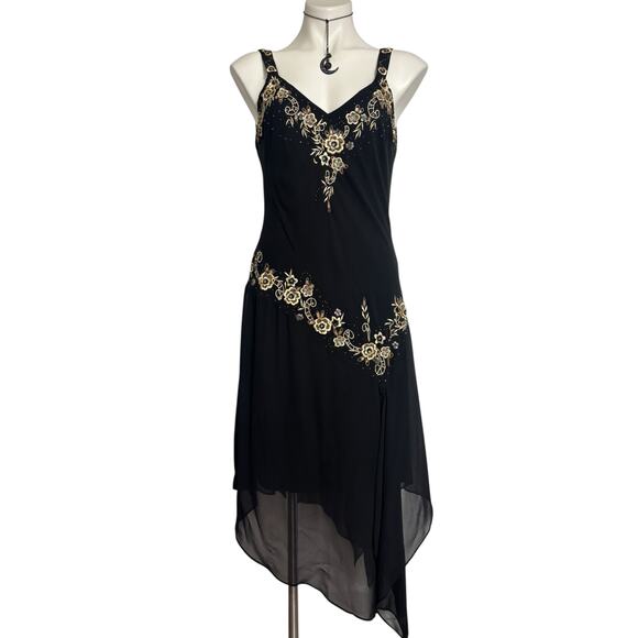 Vintage Black Asymmetric Beaded Embroidered Midi Dress Size 10 Whimsigoth y2k - Picture 1 of 11
